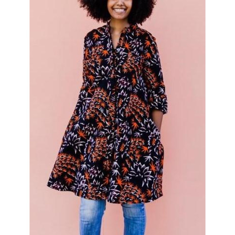 Zuri Kenya 3/4 Sleeve Kitenge Dress Cotton Black Orange Abstract Print